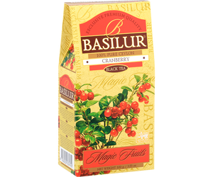 Basilur Cranberry - czarna liściasta herbata cejlońska z dodatkiem żurawiny. 100 gramów listków z dodatkami w ozdobnym pudełku z logo Basilur.