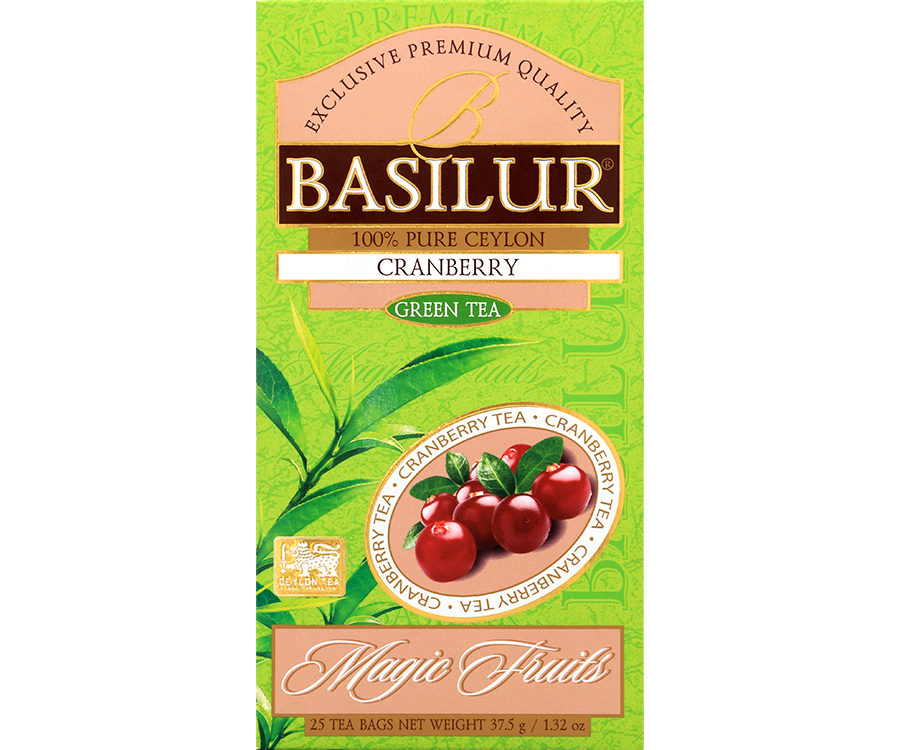 Basilur Cranberry - zielona herbata cejlońska z dodatkiem aromatu żurawiny. 25 biodegradowalnych torebek w ozdobnym, zielonym pudełku z logo Basilur.