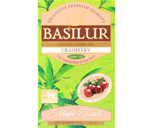 Basilur Cranberry - zielona herbata cejlońska z dodatkiem aromatu żurawiny. 20 torebek w kopertach w ozdobnym, zielonym pudełku z logo Basilur.