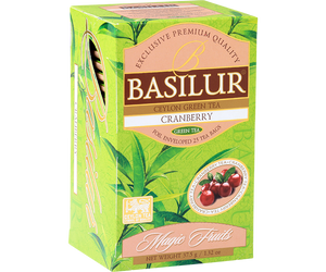 Basilur Cranberry - zielona herbata cejlońska z dodatkiem aromatu żurawiny. 20 torebek w kopertach w ozdobnym, zielonym pudełku z logo Basilur.