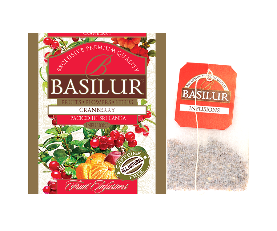 Basilur Cranberry - owocowa herbata bezkofeinowa z dodatkiem hibiskusa, liści stewii, jabłka, skórki pomarańczy oraz aromatu żurawiny i cytryny. Ozdobne opakowanie z owocowym motywem.