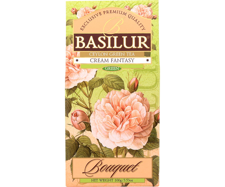 Basilur Cream Fantasy - zielona herbata z dodatkiem papai, szarłatu oraz aromatu truskawki i śmietanki. Zielone pudełko w kwiatowym motywem.