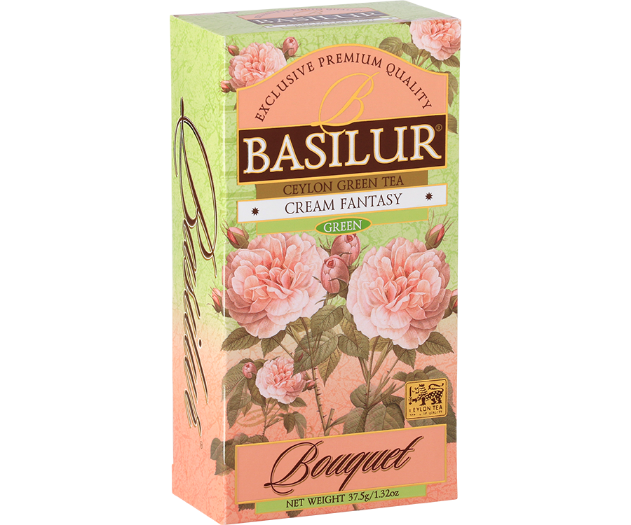 Basilur Cream Fantasy - herbata zielona ekspresowa z dodatkiem aromatu truskawki i wanilii. Zielone, ozdobne pudełko z kwiatowym motywem.