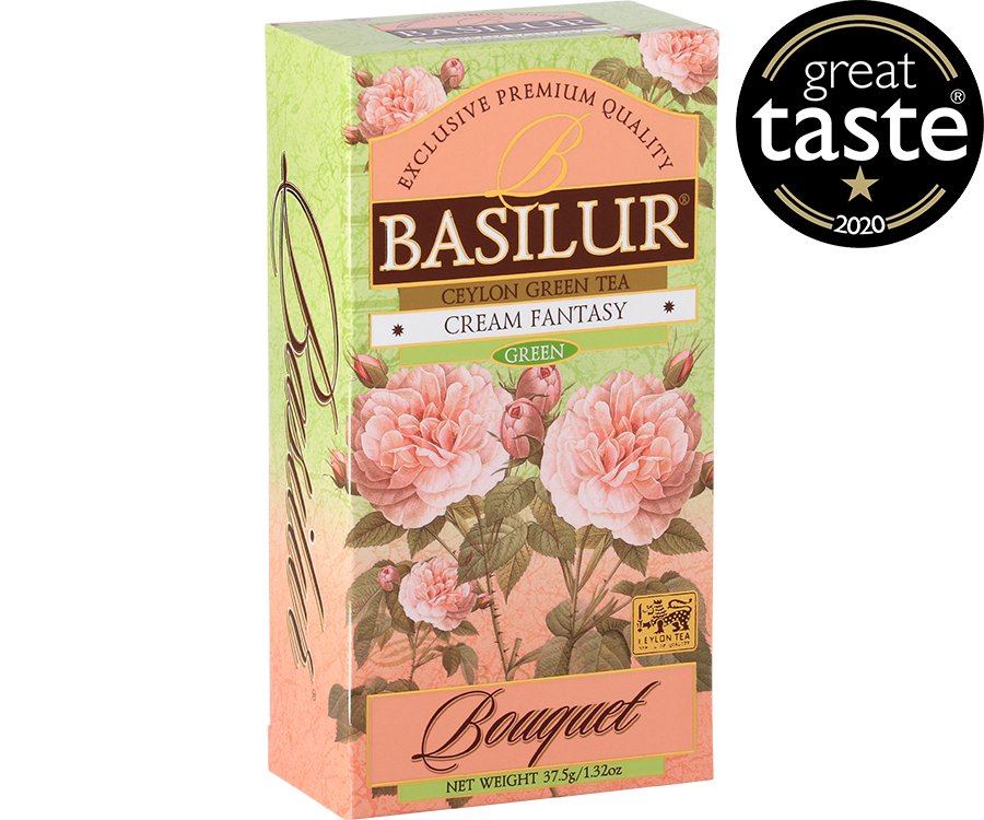 Basilur Cream Fantasy - herbata zielona ekspresowa z dodatkiem aromatu truskawki i wanilii. Zielone, ozdobne pudełko z kwiatowym motywem.