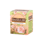 Basilur Cream Fantasy - herbata zielona ekspresowa z dodatkiem aromatów truskawki i wanilii. Zielone, ozdobne pudełko z kwiatowym motywem.