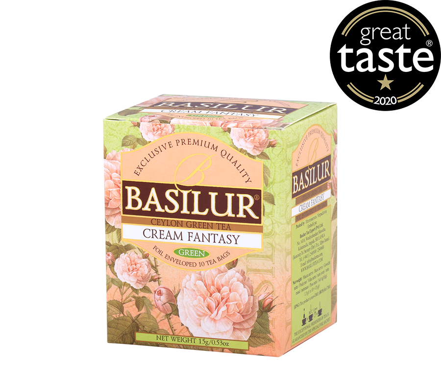 Basilur Cream Fantasy - herbata zielona ekspresowa z dodatkiem aromatów truskawki i wanilii. Zielone, ozdobne pudełko z kwiatowym motywem.