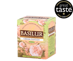 Basilur Cream Fantasy - herbata zielona ekspresowa z dodatkiem aromatów truskawki i wanilii. Zielone, ozdobne pudełko z kwiatowym motywem.