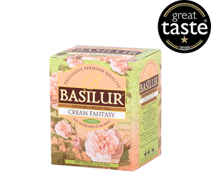 Basilur Cream Fantasy - herbata zielona ekspresowa z dodatkiem aromatów truskawki i wanilii. Zielone, ozdobne pudełko z kwiatowym motywem.