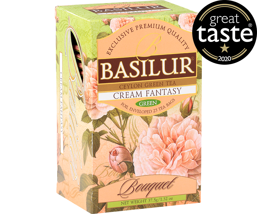 Basilur Cream Fantasy - herbata zielona ekspresowa z dodatkiem aromatów truskawki i wanilii. Zielone, ozdobne pudełko z kwiatowym motywem.