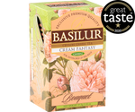 Basilur Cream Fantasy - herbata zielona ekspresowa z dodatkiem aromatów truskawki i wanilii. Zielone, ozdobne pudełko z kwiatowym motywem.