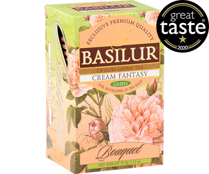 Basilur Cream Fantasy - herbata zielona ekspresowa z dodatkiem aromatów truskawki i wanilii. Zielone, ozdobne pudełko z kwiatowym motywem.