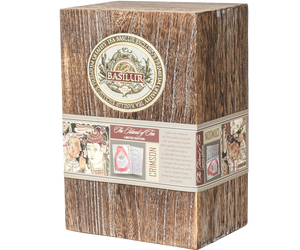Basilur Crimson Paulownia Box – czarna herbata cejlońska z listków OP1 bez dodatków. Ozdobna puszka i drewniana, kolekcjonerska skrzynka.