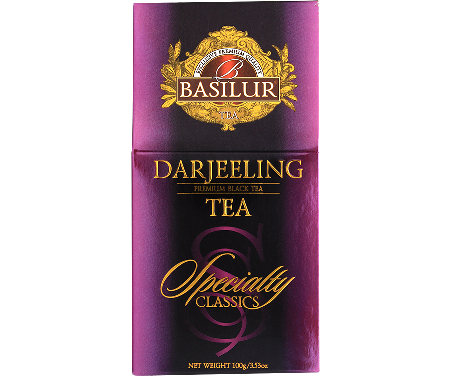 Basilur Darjeeling - indyjska, liściasta czarna herbata Darjeeling. Ozdobne, fioletowe pudełko z logo Basilur.
