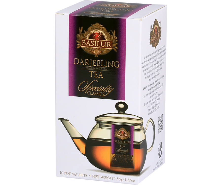 Basilur Darjeeling BIG BAG - czarna herbata indyjska Darjeeling w dużych torebkach. Ozdobne, białe pudełko z logo Basilur.