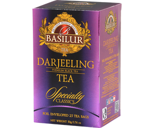 Basilur Darjeeling - czarna herbata indyjska Darjeeling w torebkach. Ozdobne, fioletowe pudełko z logo Basilur.