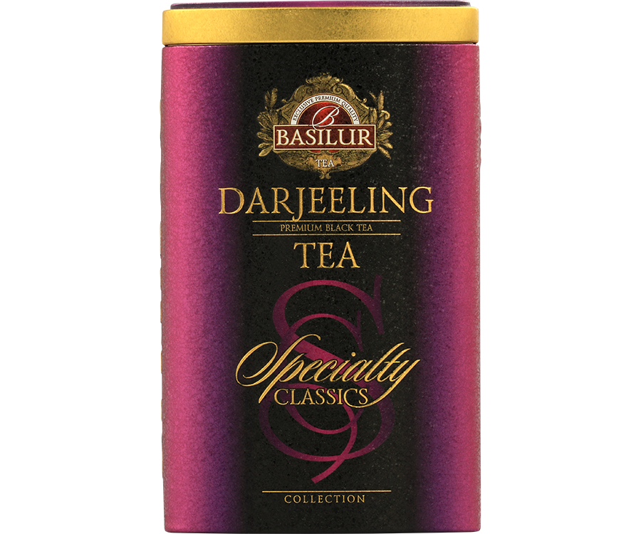 Basilur Darjeeling - czarna liściasta herbata indyjska o najwyższej klasie jakości. Ozdobna, fioletowa puszka.