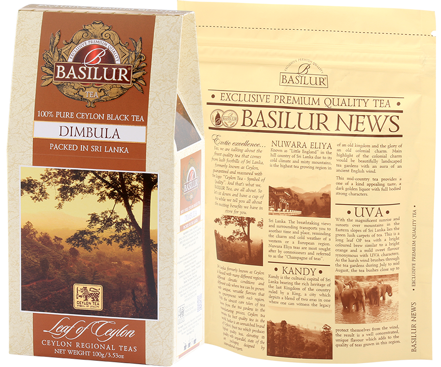 Basilur Dimbula - czarna herbata cejlońska bez dodatków, liściasta. Brązowe pudełko z górskim motywem.