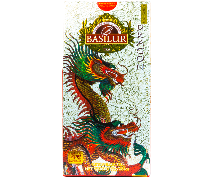 Basilur Dragon Diamond - czarna herbata cejlońska z dodatkiem chabru i aromatu Christmas Fairytail. Ozdobne pudełko z motywem smoka.