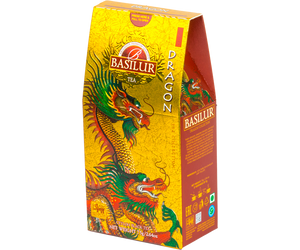 Basilur Dragon Gold - czarna herbata cejlońska skomponowana ze starannie selekcjonowanych listków Orange Pekoe 1 bez dodatków. Ozdobne pudełko z motywem smoka.