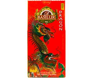 Basilur Dragon Ruby - skomponowana ze starannie selekcjonowanych listków Orange Pekoe 1 bez dodatków. Ozdobne pudełko z motywem smoka.