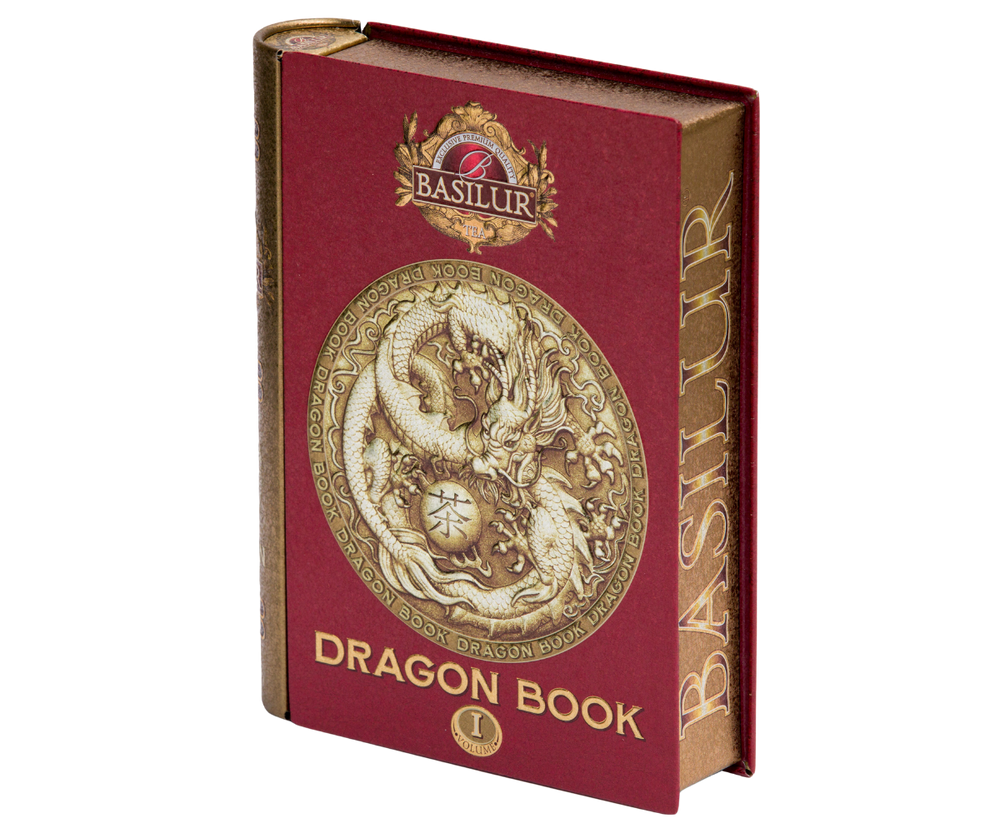 Basilur Dragon Tea Book Vol. I - czarna liściasta herbata cejlońska z prażonymi migdałami zamknięta w bogato zdobionej puszce w kształcie książki z motywem mistycznego smoka.