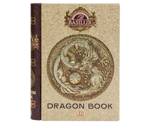 Basilur Dragon Tea Book Vo. II – czarna liściasta herbata cejlońska bez dodatków zamknięta w bogato zdobionej puszce w kształcie książki z motywem mistycznego smoka.