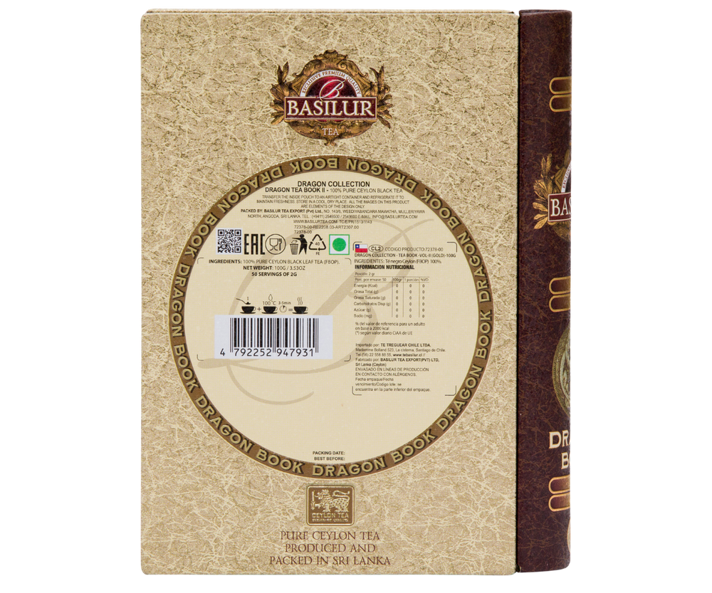 Basilur Dragon Tea Book Vo. II – czarna liściasta herbata cejlońska bez dodatków zamknięta w bogato zdobionej puszce w kształcie książki z motywem mistycznego smoka.