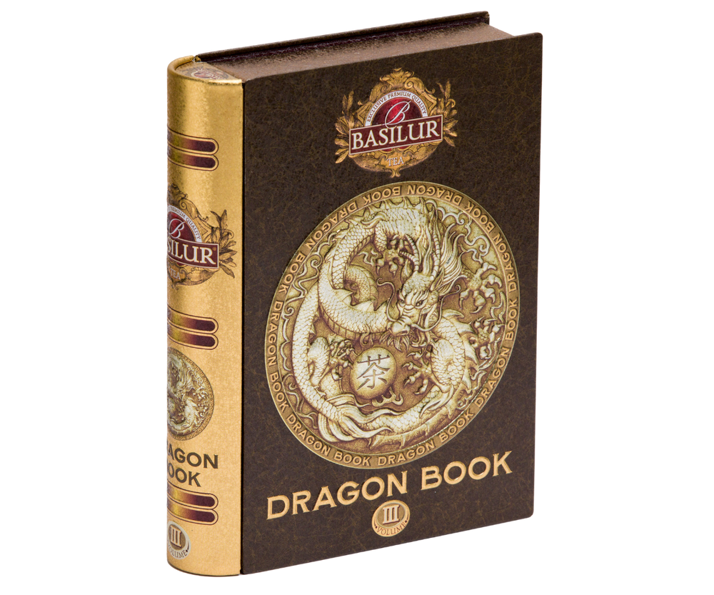 Basilur Dragon Tea Book Vol. III – czarna liściasta herbata cejlońska bez dodatków zamknięta w bogato zdobionej puszce w kształcie książki z motywem mistycznego smoka.