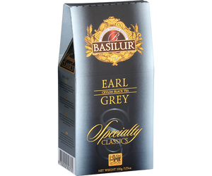 Basilur Earl Grey - liściasta czarna herbata cejlońska z bergamotką. Ozdobne, szare pudełko z logo Basilur.