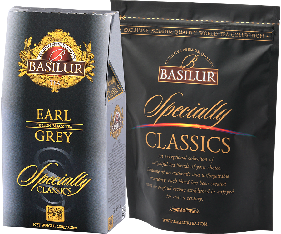 Basilur Earl Grey - liściasta czarna herbata cejlońska z bergamotką. Ozdobne, szare pudełko z logo Basilur.