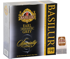 Basilur Earl Grey - czarna herbata cejlońska z bergamotką w wygodnych torebkach. Ozdobne, srebrne pudełko z logo Basilur.
