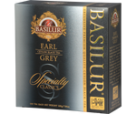 Basilur Earl Grey - czarna herbata cejlońska z bergamotką w wygodnych torebkach. Ozdobne, srebrne pudełko z logo Basilur.
