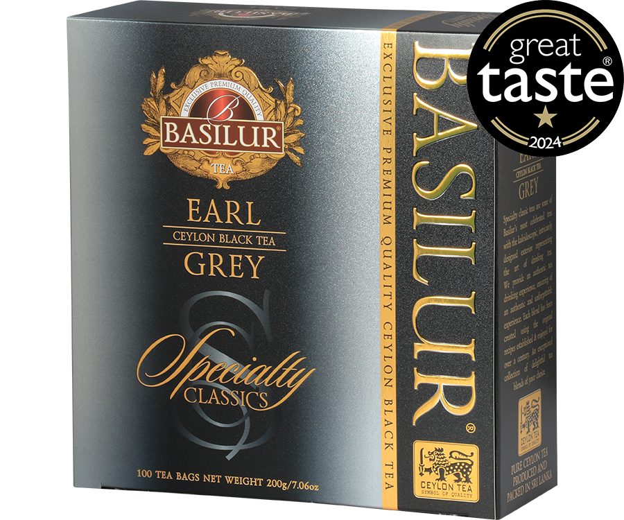 Basilur Earl Grey - czarna herbata cejlońska z bergamotką w wygodnych torebkach. Ozdobne, srebrne pudełko z logo Basilur.