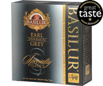 Basilur Earl Grey - czarna herbata cejlońska z bergamotką w wygodnych torebkach. Ozdobne, srebrne pudełko z logo Basilur.