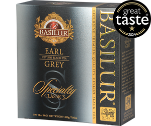 Basilur Earl Grey - czarna herbata cejlońska z bergamotką w wygodnych torebkach. Ozdobne, srebrne pudełko z logo Basilur.