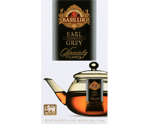 Basilur Earl Grey Big Bag - czarna herbata cejlońska z bergamotką w kopertach. Ozdobne, białe pudełko z logo Basilur.
