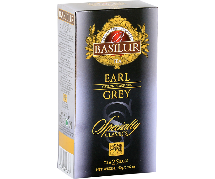 Basilur Earl Grey - czarna herbata cejlońska z bergamotką w biodegradowalnych torebkach. Ozdobne, srebrne pudełko z logo Basilur.