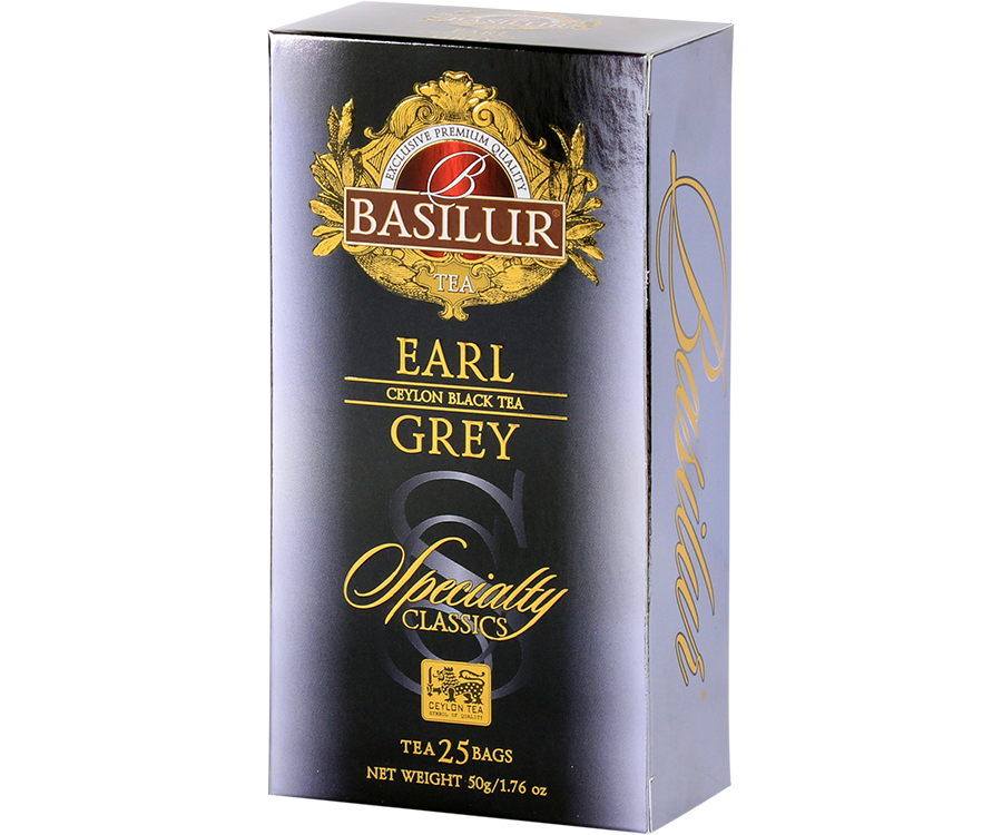 Basilur Earl Grey - czarna herbata cejlońska z bergamotką w biodegradowalnych torebkach. Ozdobne, srebrne pudełko z logo Basilur.