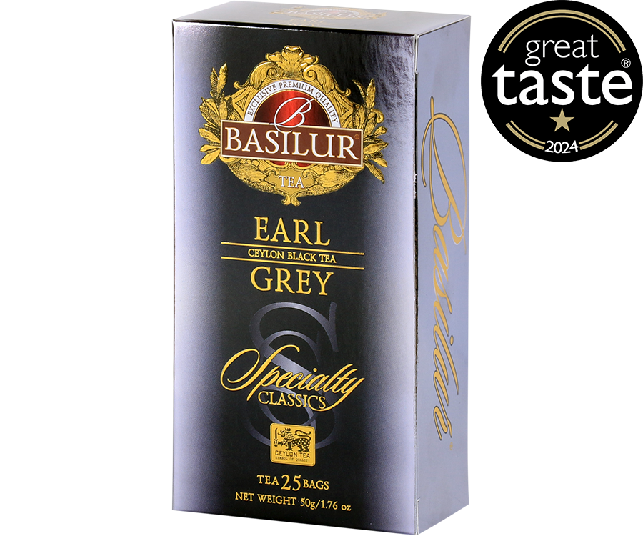 Basilur Earl Grey - czarna herbata cejlońska z bergamotką w biodegradowalnych torebkach. Ozdobne, srebrne pudełko z logo Basilur.