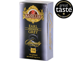 Basilur Earl Grey - czarna herbata cejlońska z bergamotką w biodegradowalnych torebkach. Ozdobne, srebrne pudełko z logo Basilur.