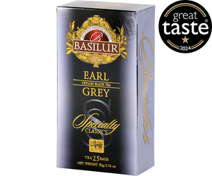 Basilur Earl Grey - czarna herbata cejlońska z bergamotką w biodegradowalnych torebkach. Ozdobne, srebrne pudełko z logo Basilur.