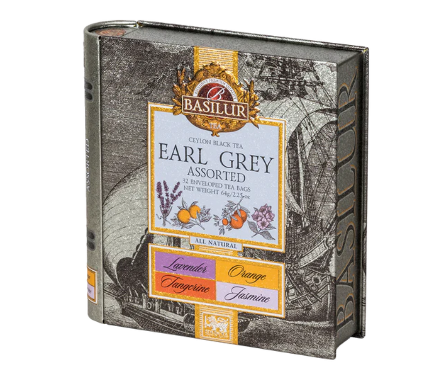 Basilur Earl Grey - zestaw czarnych herbat cejlońskich z dodatkiem kwiatowych i cytrusowych nut w wygodnych, ekspresowych torebkach. Metalowa puszka, która otwiera się jak książka.