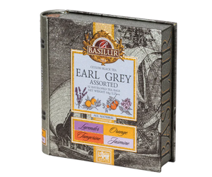 Basilur Earl Grey - zestaw czarnych herbat cejlońskich z dodatkiem kwiatowych i cytrusowych nut w wygodnych, ekspresowych torebkach. Metalowa puszka, która otwiera się jak książka.