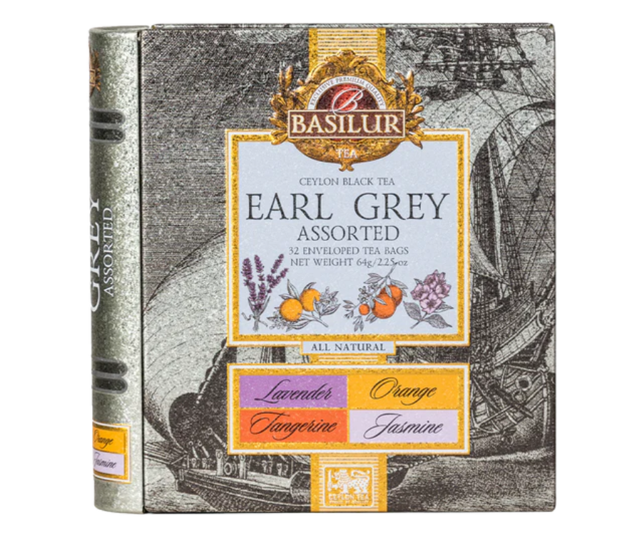 Basilur Earl Grey - zestaw czarnych herbat cejlońskich z dodatkiem kwiatowych i cytrusowych nut w wygodnych, ekspresowych torebkach. Metalowa puszka, która otwiera się jak książka.