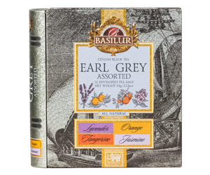 Basilur Earl Grey - zestaw czarnych herbat cejlońskich z dodatkiem kwiatowych i cytrusowych nut w wygodnych, ekspresowych torebkach. Metalowa puszka, która otwiera się jak książka.