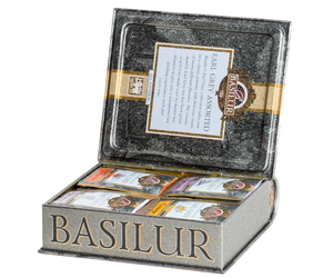 Basilur Earl Grey - zestaw czarnych herbat cejlońskich z dodatkiem kwiatowych i cytrusowych nut w wygodnych, ekspresowych torebkach. Metalowa puszka, która otwiera się jak książka.