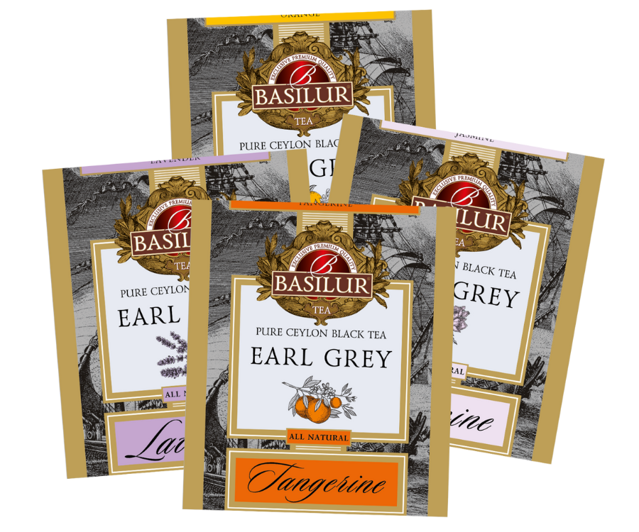 Basilur Earl Grey - zestaw czarnych herbat cejlońskich z dodatkiem kwiatowych i cytrusowych nut w wygodnych, ekspresowych torebkach. Metalowa puszka, która otwiera się jak książka.