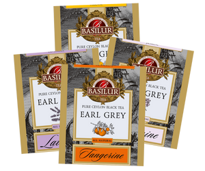 Basilur Earl Grey - zestaw czarnych herbat cejlońskich z dodatkiem kwiatowych i cytrusowych nut w wygodnych, ekspresowych torebkach. Metalowa puszka, która otwiera się jak książka.