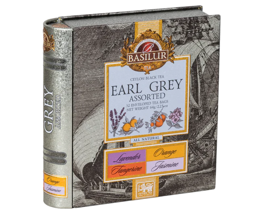 Basilur Earl Grey - zestaw czarnych herbat cejlońskich z dodatkiem kwiatowych i cytrusowych nut w wygodnych, ekspresowych torebkach. Metalowa puszka, która otwiera się jak książka.