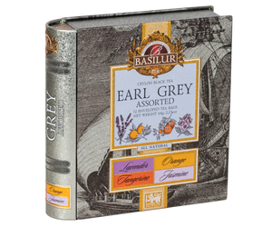 Basilur Earl Grey - zestaw czarnych herbat cejlońskich z dodatkiem kwiatowych i cytrusowych nut w wygodnych, ekspresowych torebkach. Metalowa puszka, która otwiera się jak książka.